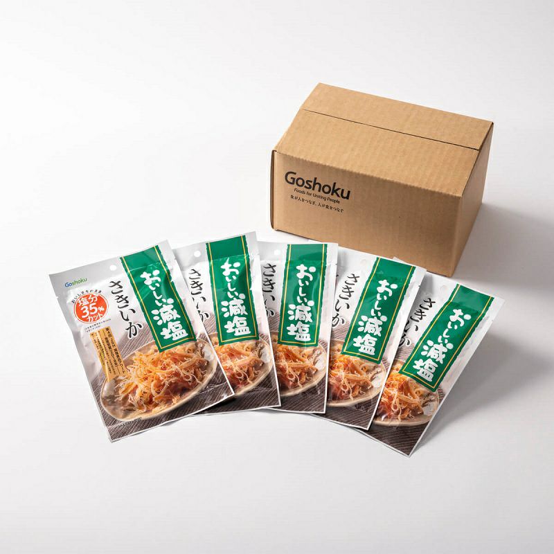 おいしい減塩さきいか5袋と配送用の外箱